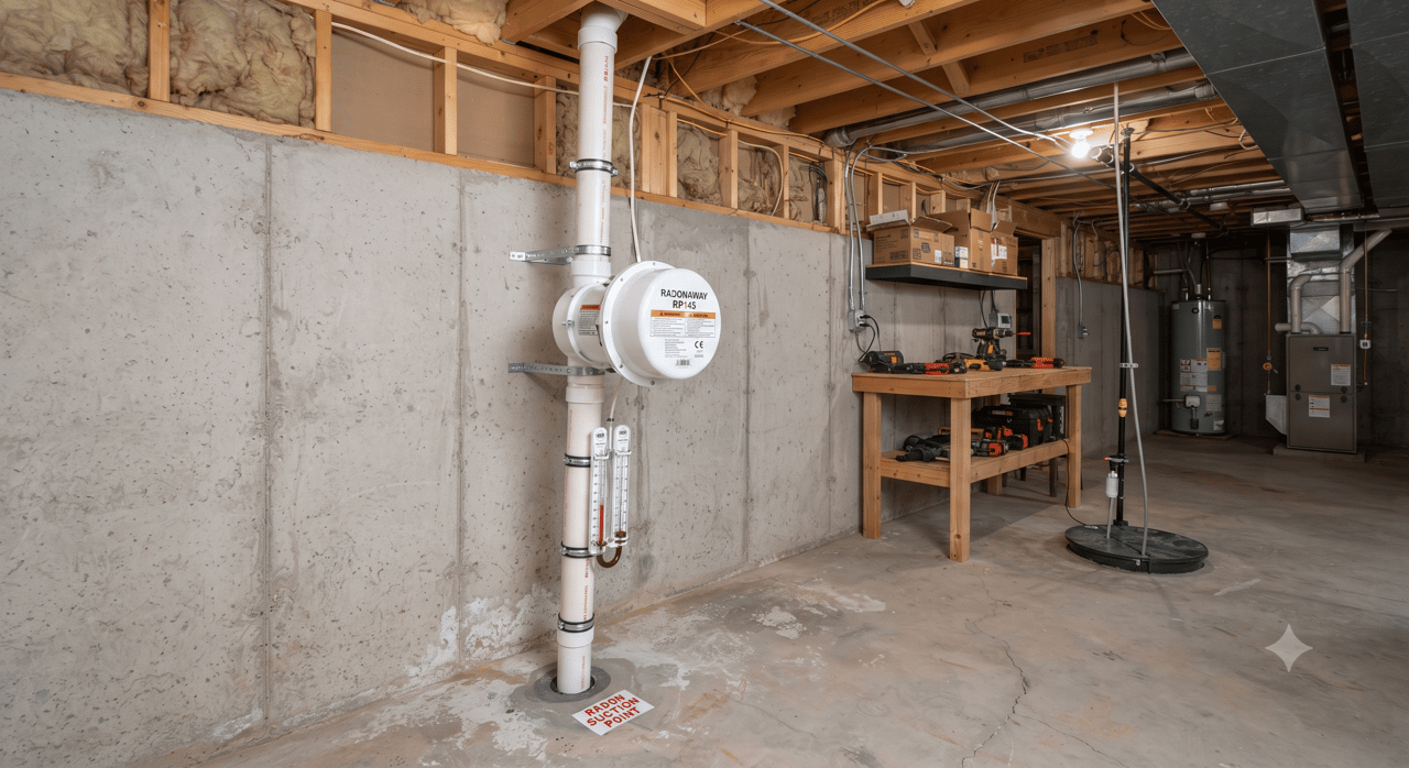 Basement radon mitigation system with a white pipe and fan beside a concrete foundation wall.