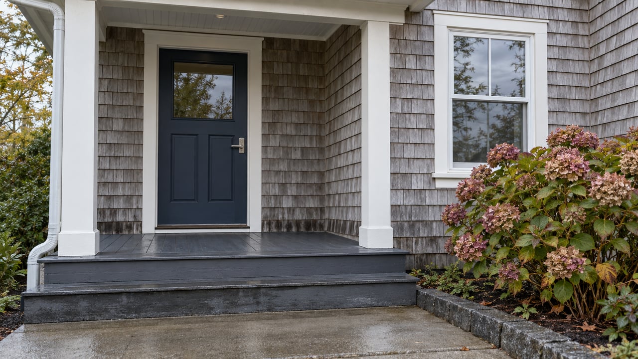 Navy front door and white-trimmed window beneath a sheltered cedar-shingle porch, with damp steps and faded hydrangea flowers.