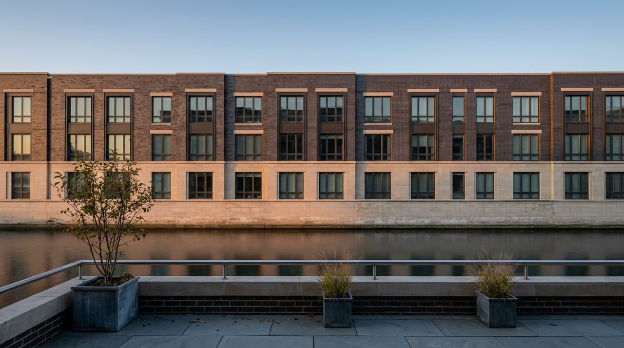 Masonry apartment facade rises behind still water, with a stone terrace and zinc planters.