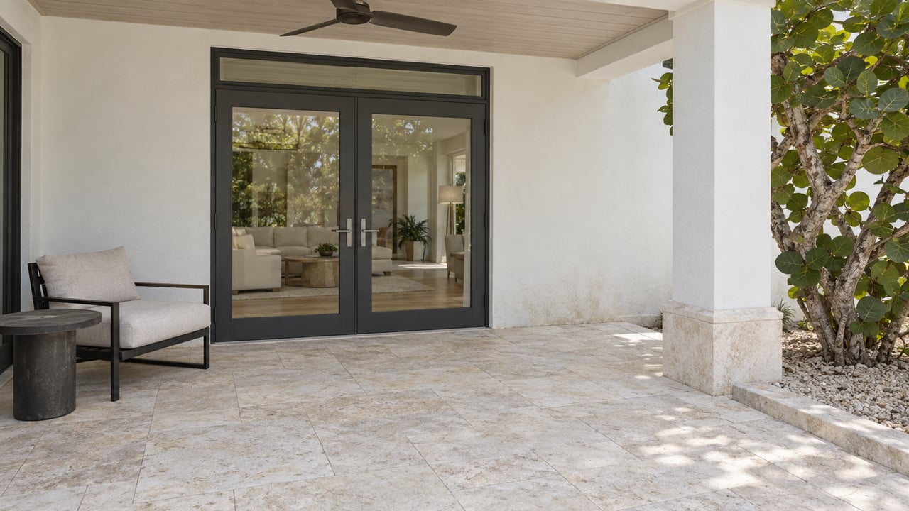 White stucco home with closed glass French doors opening onto a limestone-paved covered lanai, a black outdoor chair, and a sea-grape tree.