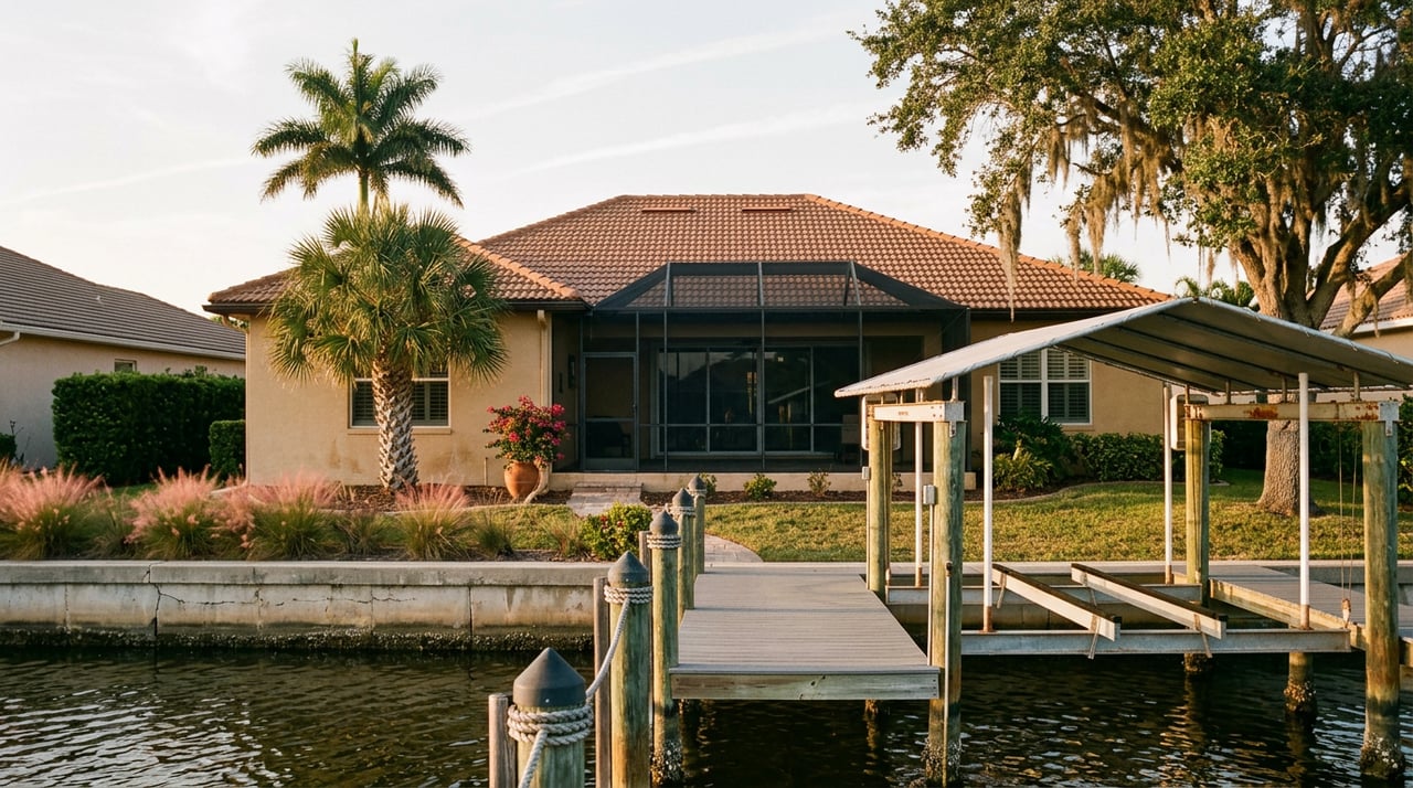 Canal-front home with a terracotta roof, screened lanai, private dock, and boat lift beside a weathered seawall.