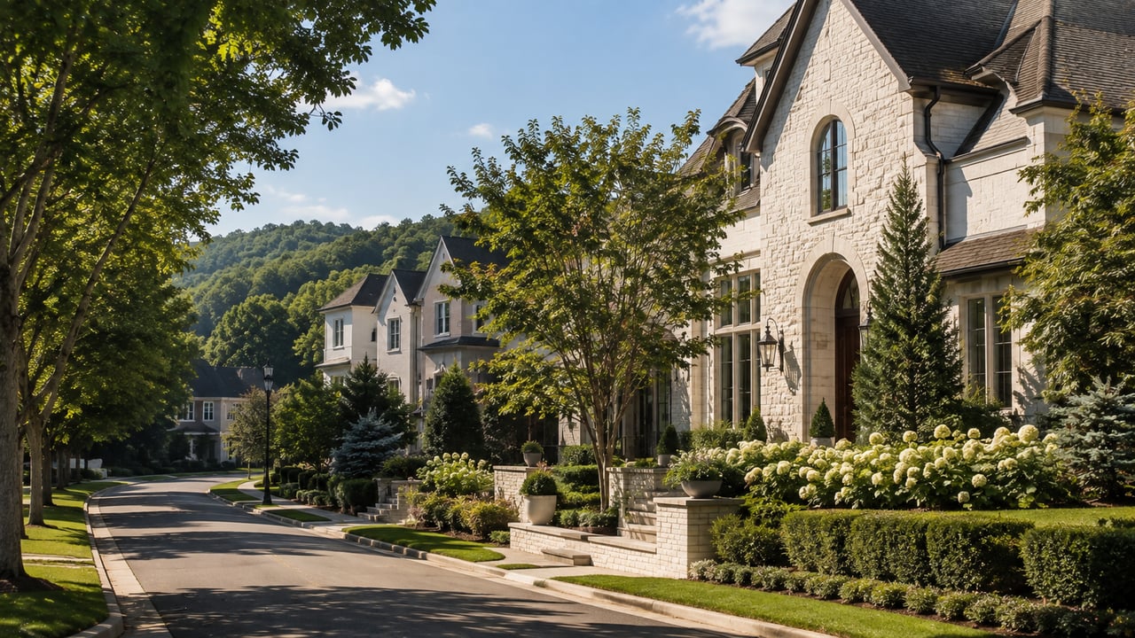 Luxury homes along a peaceful tree-lined street in Oak Hill, Tennessee, featuring elegant architecture, mature landscaping, spacious properties, and a private residential setting.