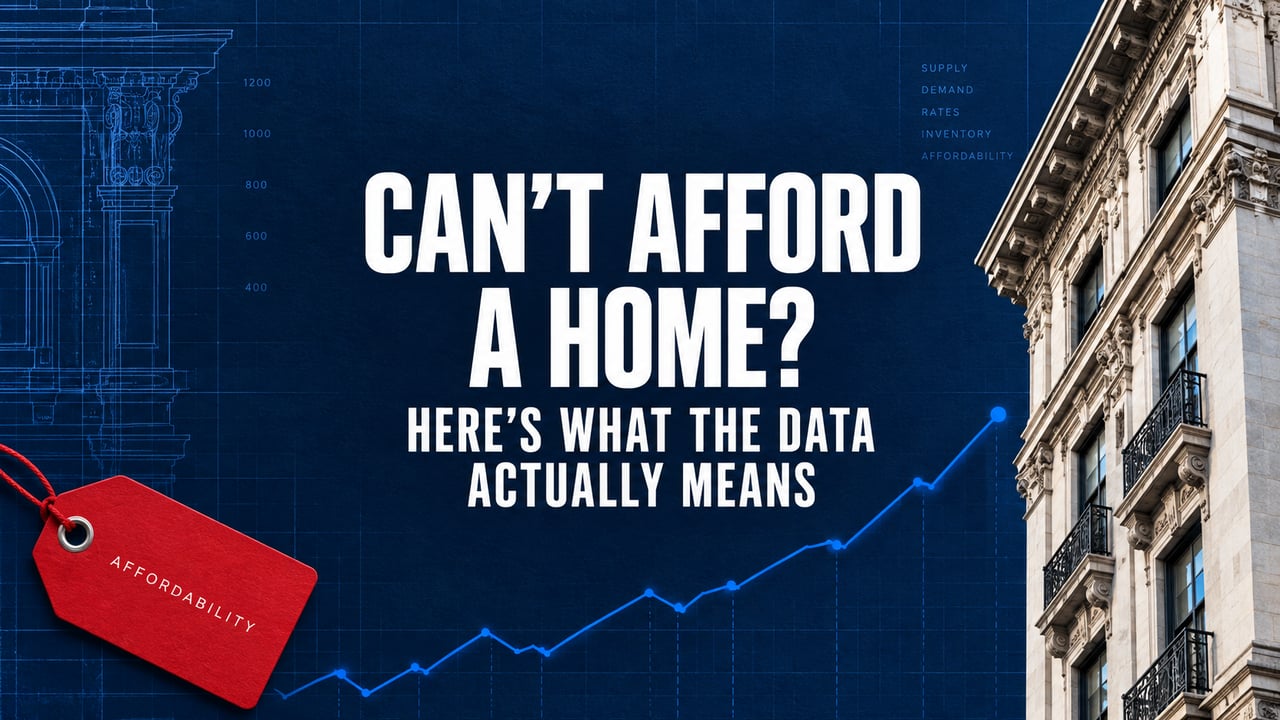 Graphic asking “Can’t afford a home?” with an affordability tag, rising chart, and apartment building.