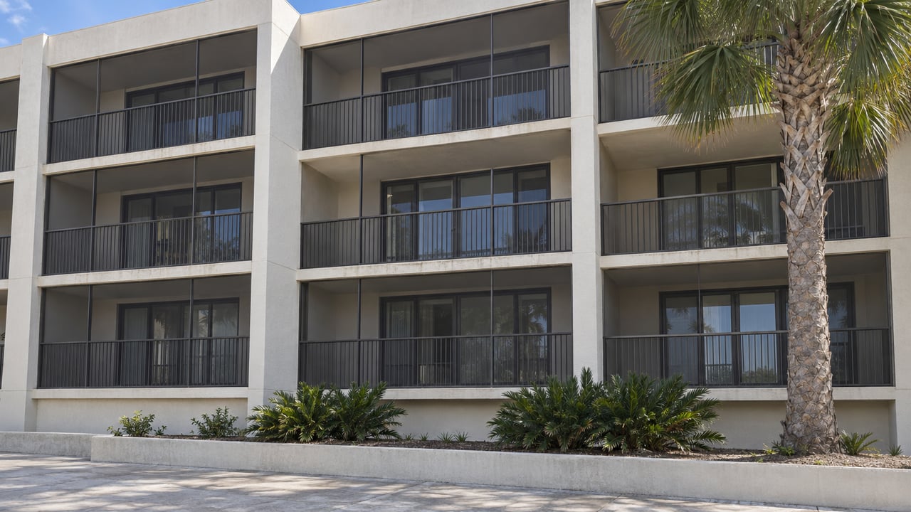 Four-story off-white condominium facade with screened balconies, a raised planter, and a palm at the right edge.