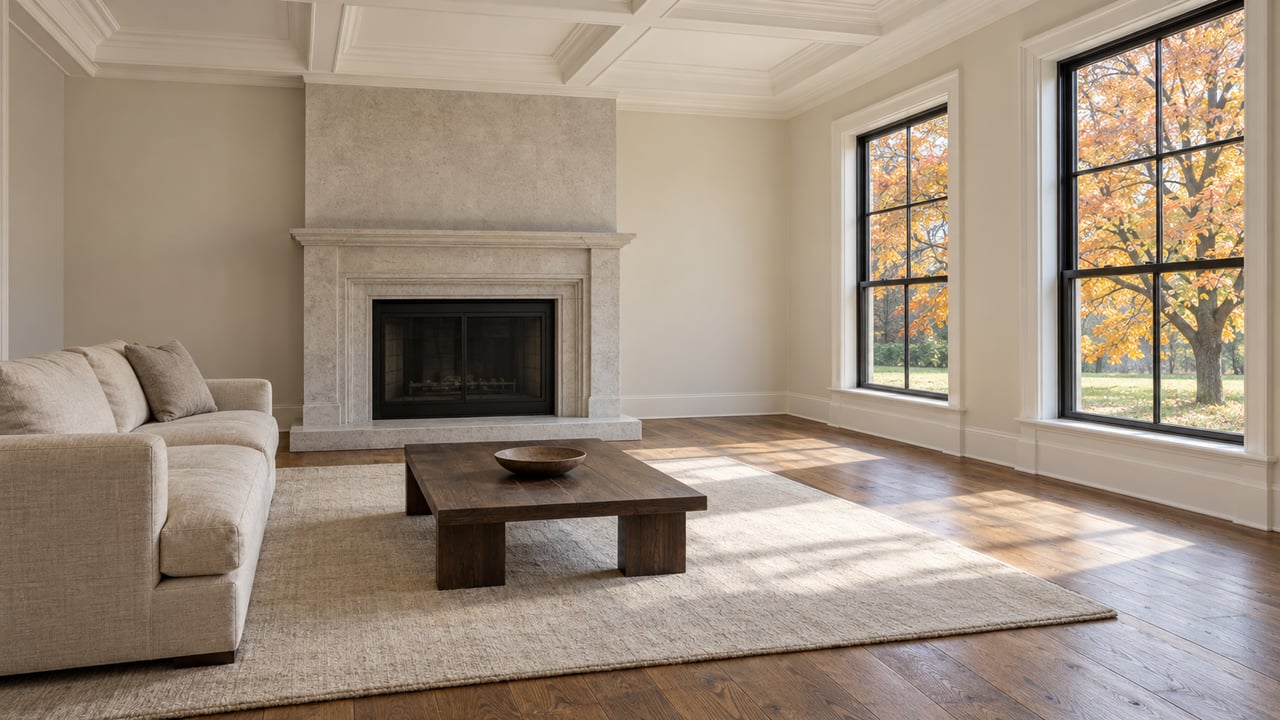 Spacious living room with white coffered ceiling, limestone fireplace, oak floors, and tall windows overlooking autumn foliage.