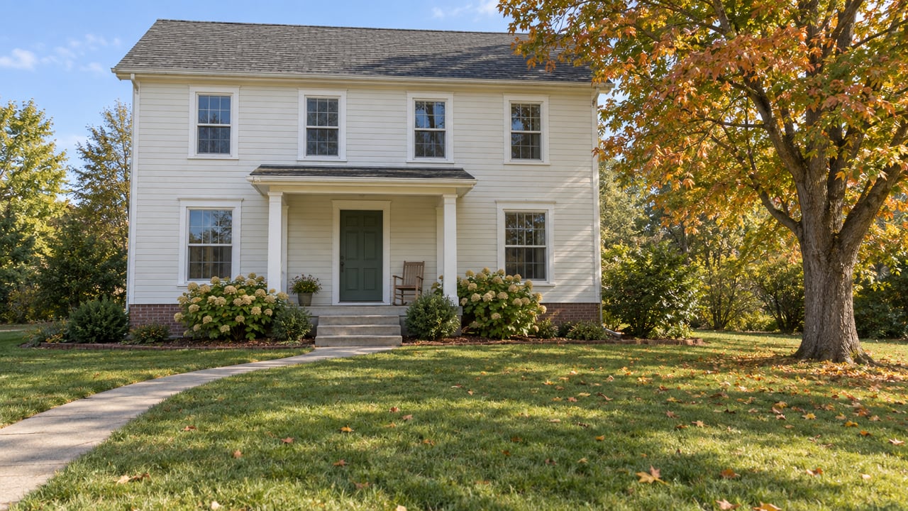 An ivory wood-sided two-story house with a red-brown brick foundation, a small covered porch and a deep front lawn beside a maple turning orange.