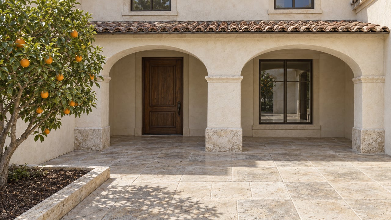 Elevated view of a limestone entry court, ivory stucco loggia arches, terracotta roof tiles, and a mature orange tree.