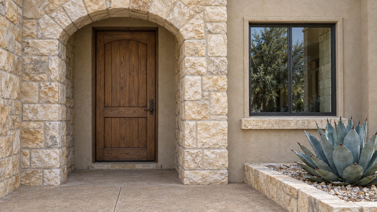 Limestone arch around a recessed oak front door, with sandy stucco, a charcoal-framed window and a blue-gray agave in a raised gravel bed.