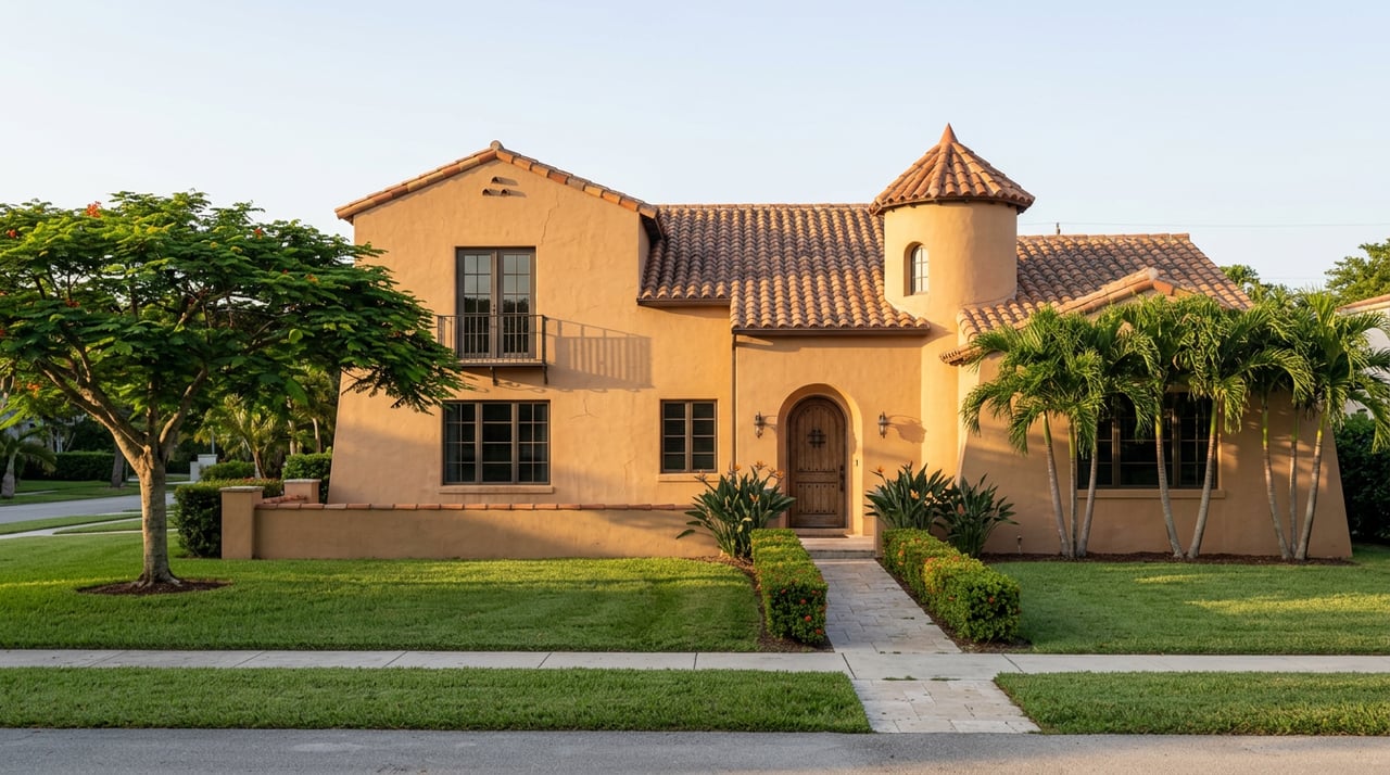 Terracotta-roofed stucco home with a corner tower, arched entry, and palm-framed lawn.