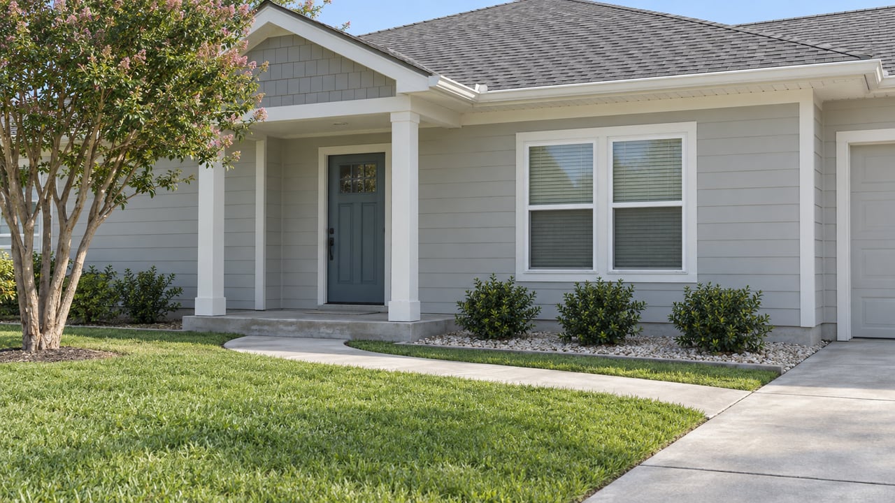 Pale gray single-story home with a shaded porch, blue front door, paired white windows and a concrete walk across a green lawn.