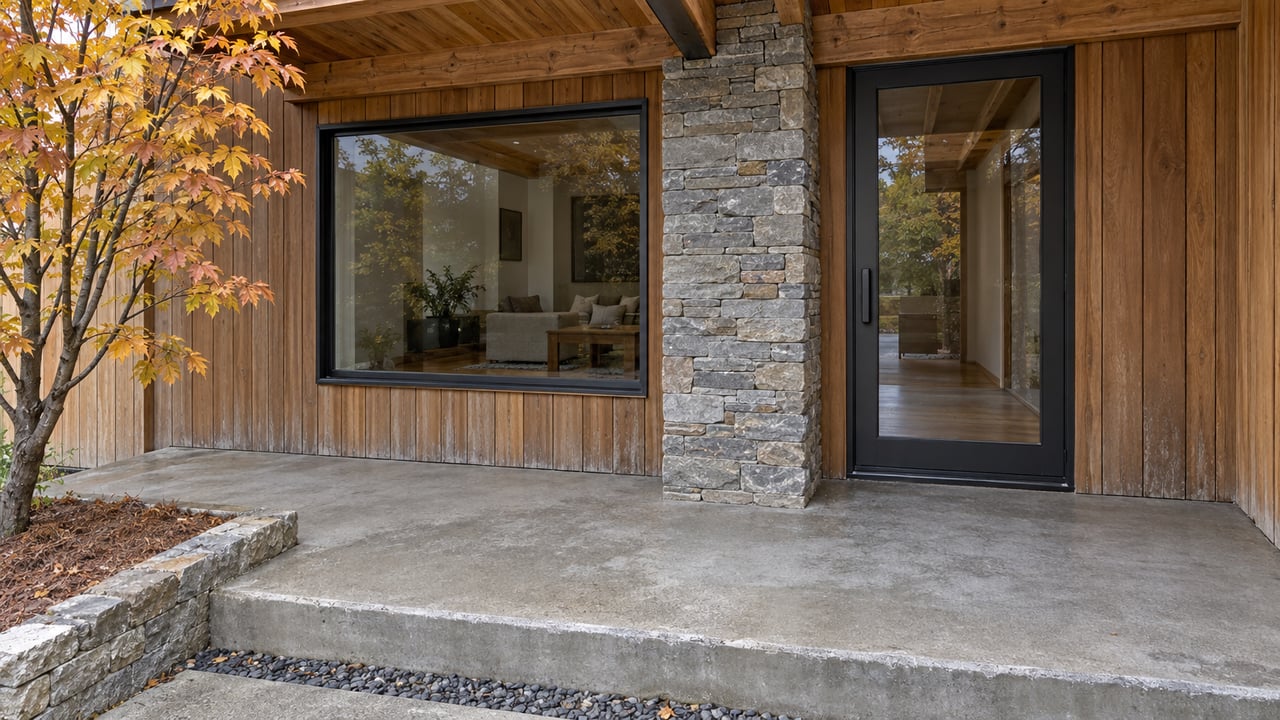 Covered home entry with weathered timber beams, gray stone, charcoal-framed glazing, and a concrete landing beside an autumn maple.