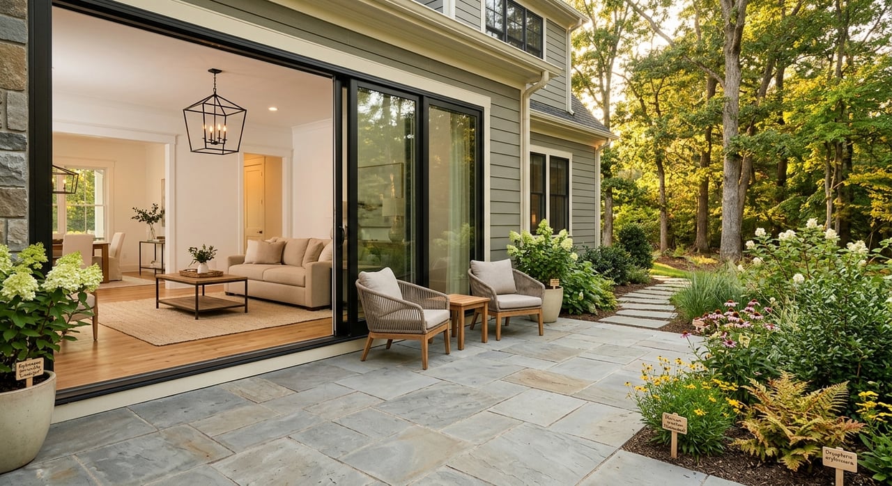 Bluestone terrace with charcoal lounge chairs before black-framed sliding doors opening onto an oak-floored living room.