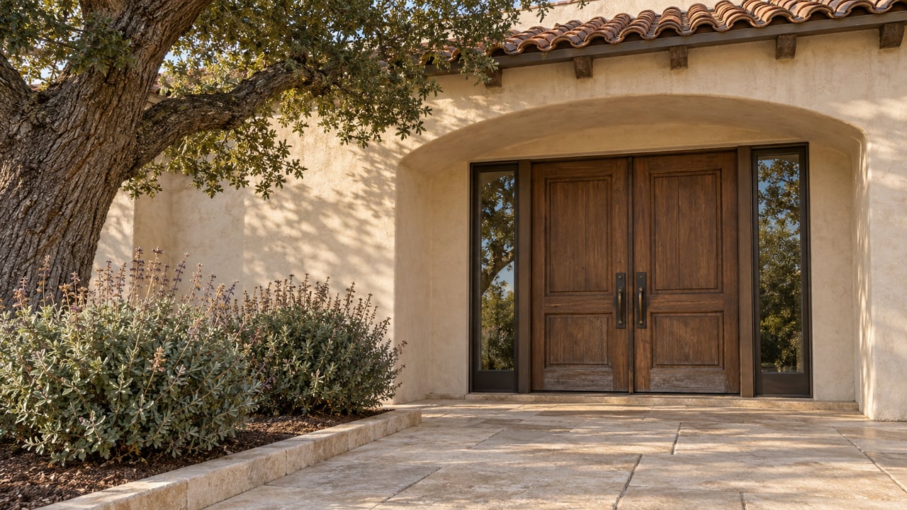 A mature oak frames an arched stucco home entrance with paired timber doors, clay roof tiles and a broad limestone approach.