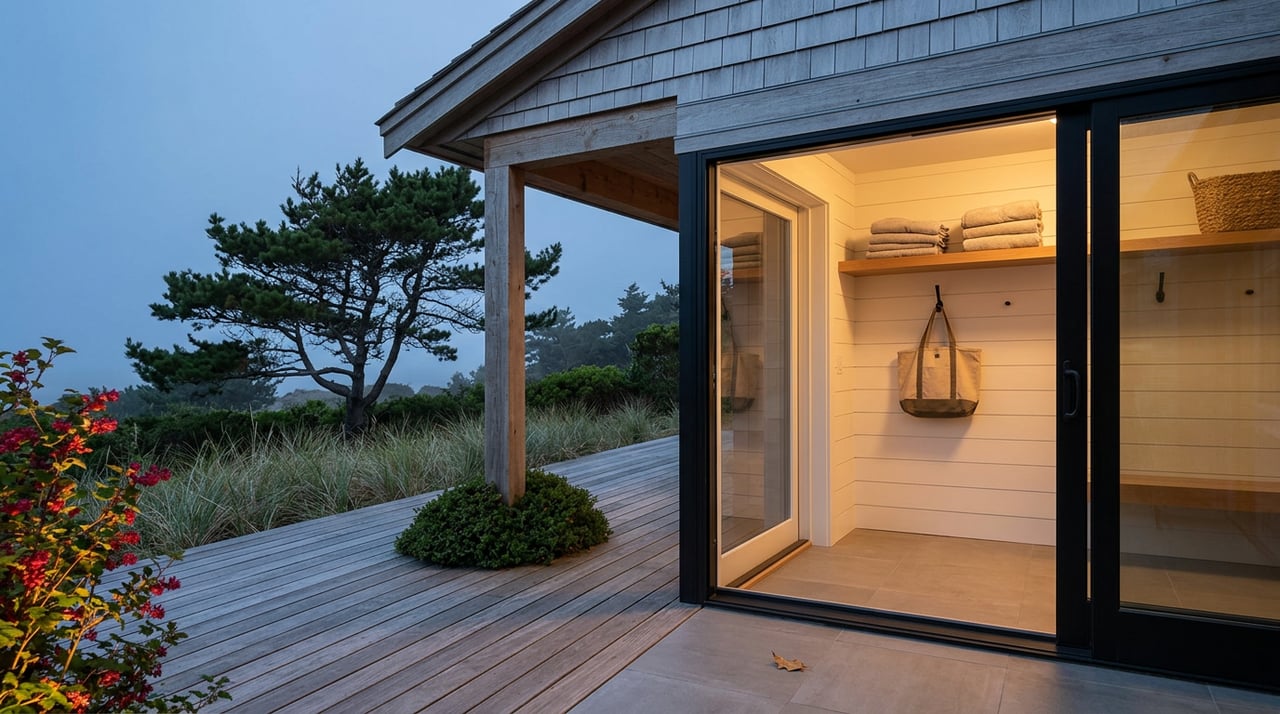 Open sliding door between an ipe deck and mudroom, with folded towels, a canvas tote, and dusky coastal planting.