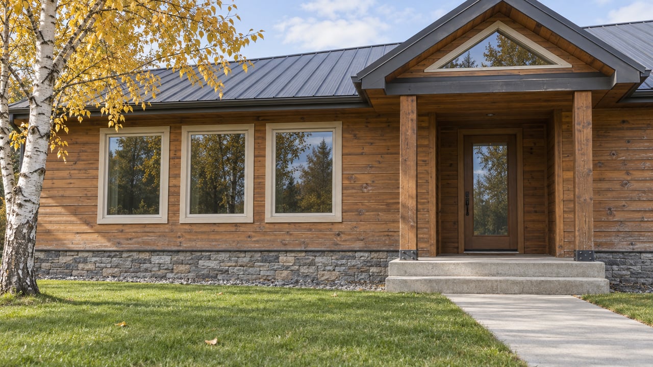 Established wood-sided home with a glazed gabled entry, stone foundation, broad windows and a yellow-leaved paper birch beside a mown lawn.