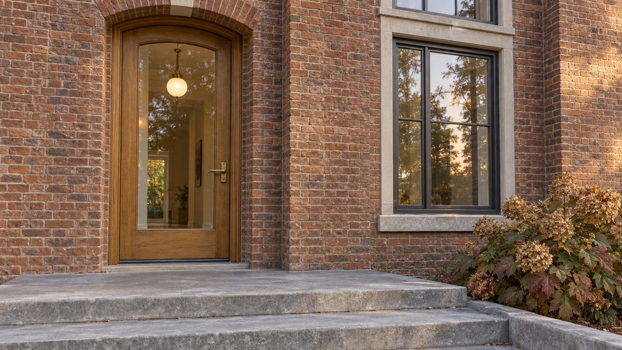 Warm brick residential entry with a glazed oak door, tall windows, limestone steps, and bronze-tinged oakleaf hydrangea.