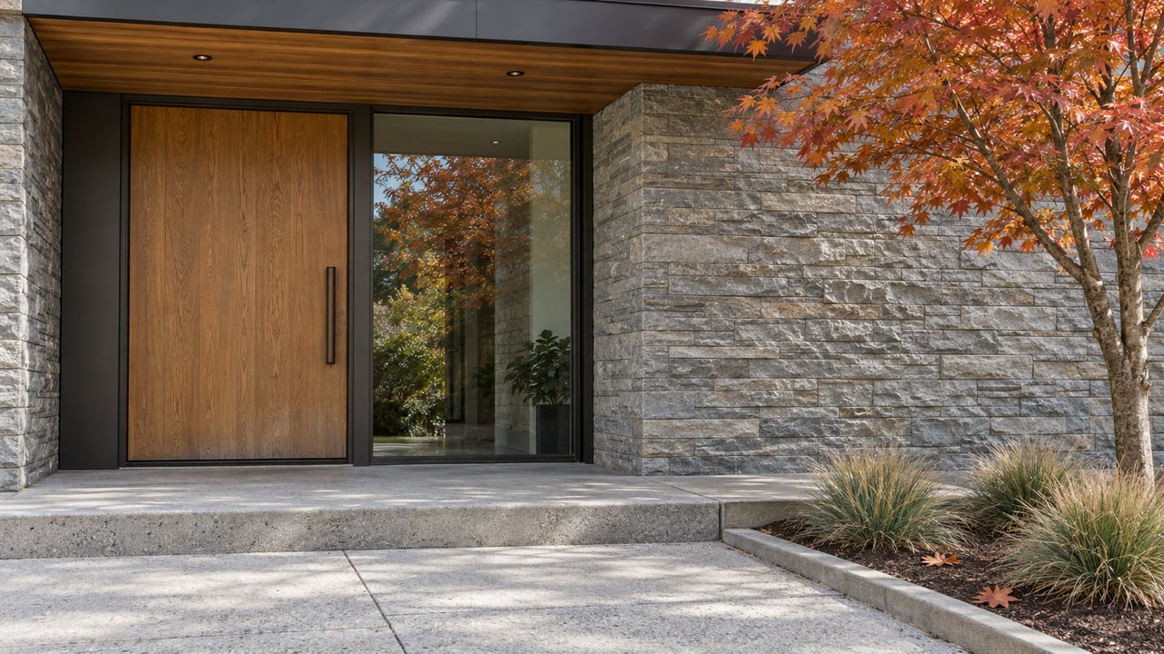 Contemporary covered home entrance with an oak door, gray stone wall, concrete approach and orange-red maple foliage.