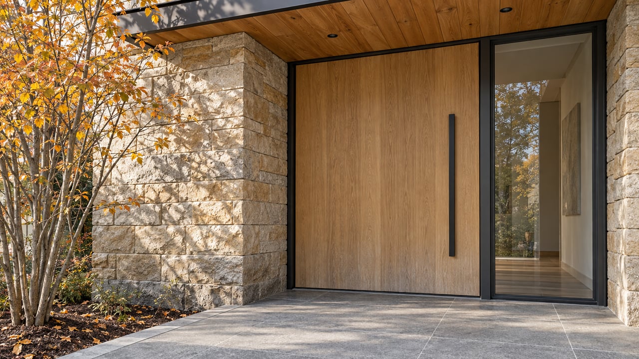 Recessed oak front door beside a sandstone pier and steel-framed sidelight, with autumn serviceberry leaves above a stone landing.