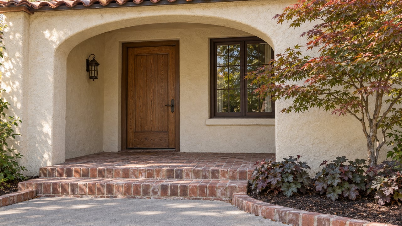 Sunlit ivory stucco entrance with a rounded porch arch, aged oak door, brick steps and a Japanese maple beside a divided-light window.