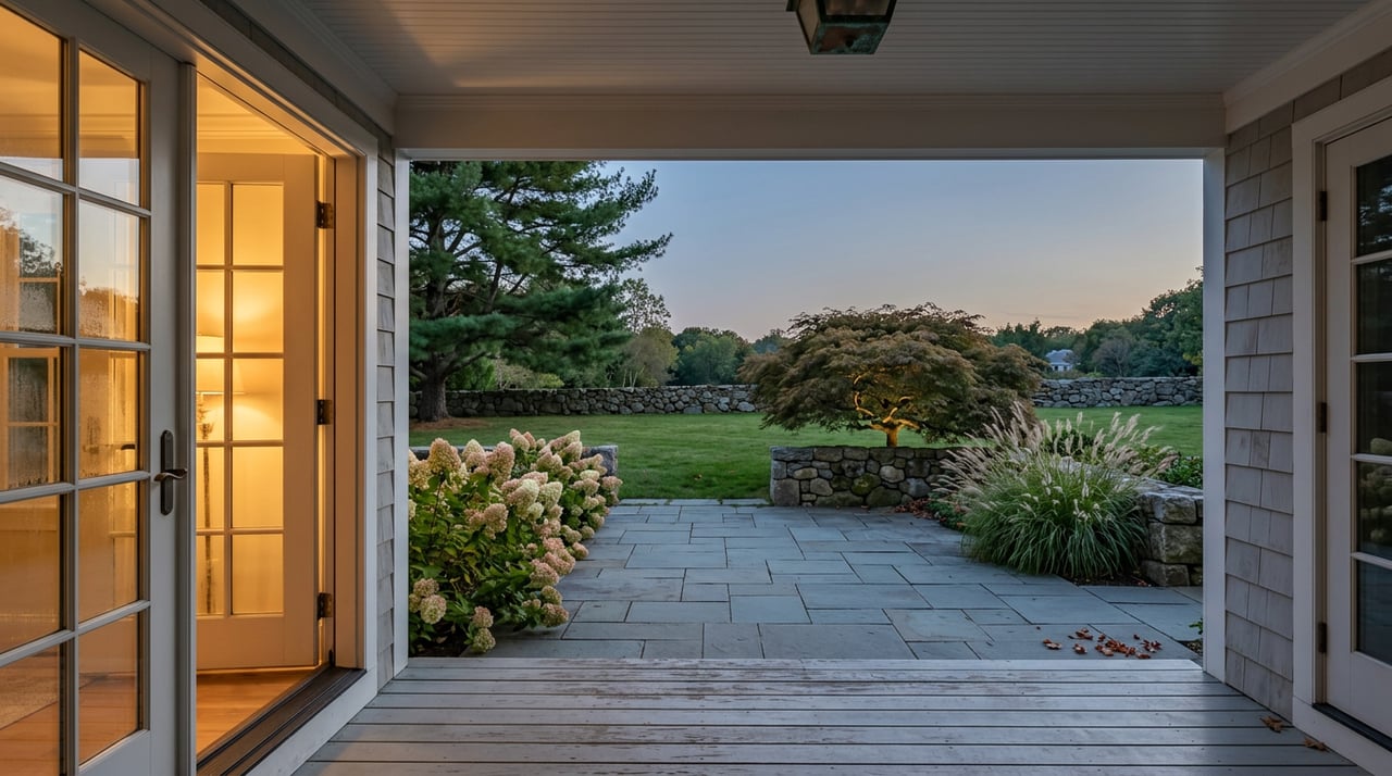 Open French doors overlook a bluestone patio, Japanese maple, and lawn ending at a low fieldstone wall at dusk.