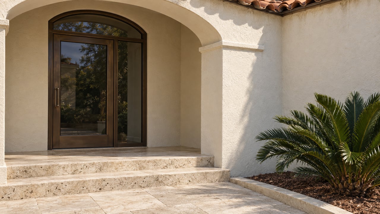 Sunlit ivory stucco entry with a bronze-framed glass door, terracotta roof tiles, pale stone steps and a coontie plant.