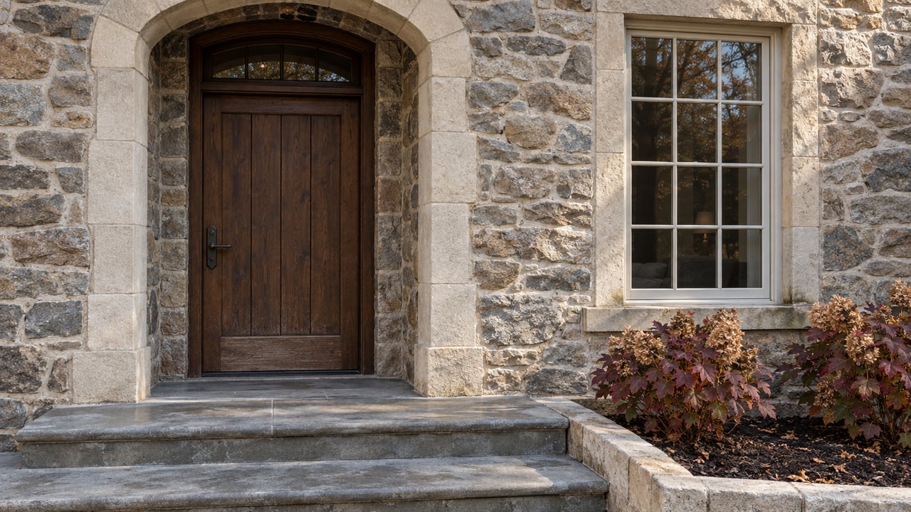 An arched oak entrance in weathered fieldstone beside a divided-pane window, with broad bluestone steps and autumn oakleaf hydrangeas.
