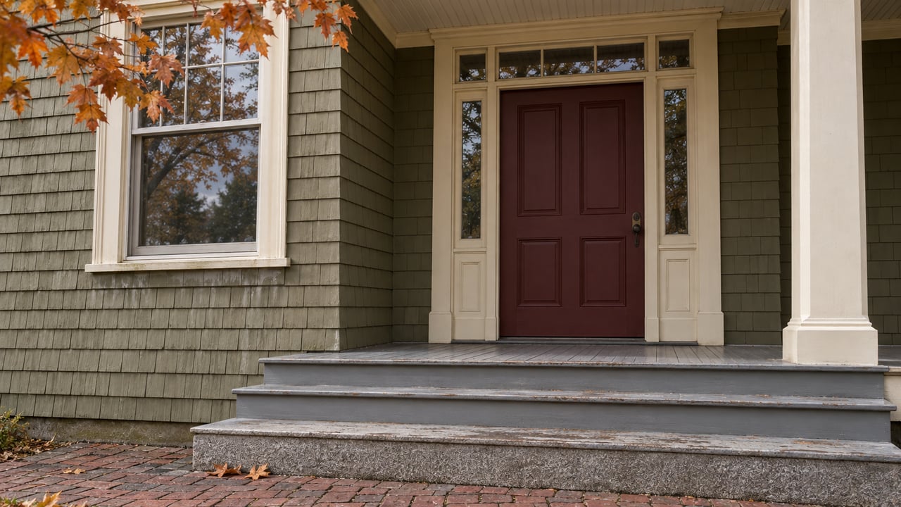 Olive-shingled house entrance with a burgundy door, cream millwork, gray porch steps and an autumn maple branch.
