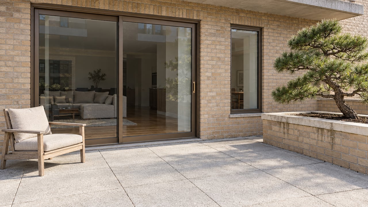 Sunlit condominium terrace with buff brick, bronze-framed glass doors, a silvered teak chair and a sculptural black pine in a masonry planter.