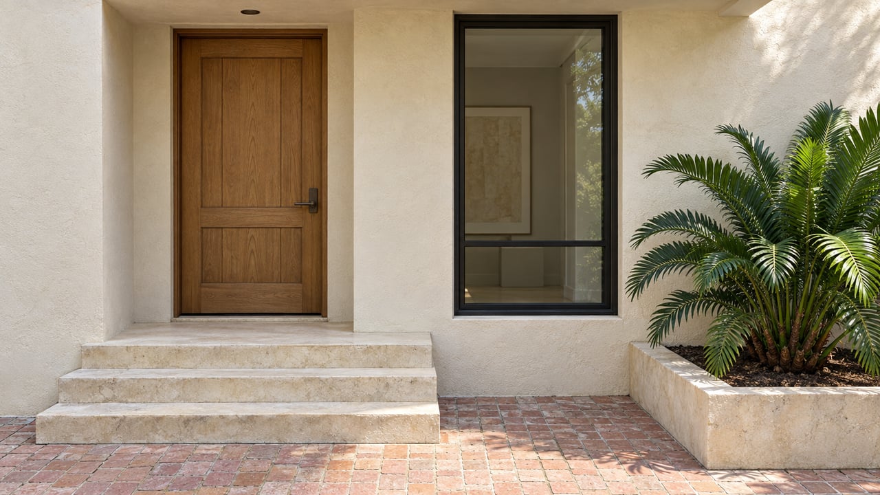 Townhouse entrance with an oak door, black-framed window, limestone steps, brick court, and potted Zamia.