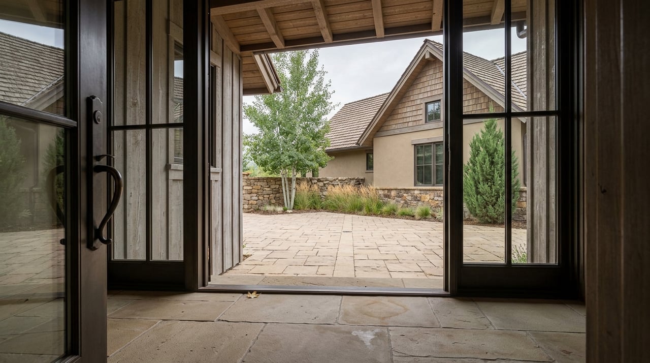Open doorway frames a sandstone motor court, fieldstone wall, aspens, and a steep cedar-shake gable.