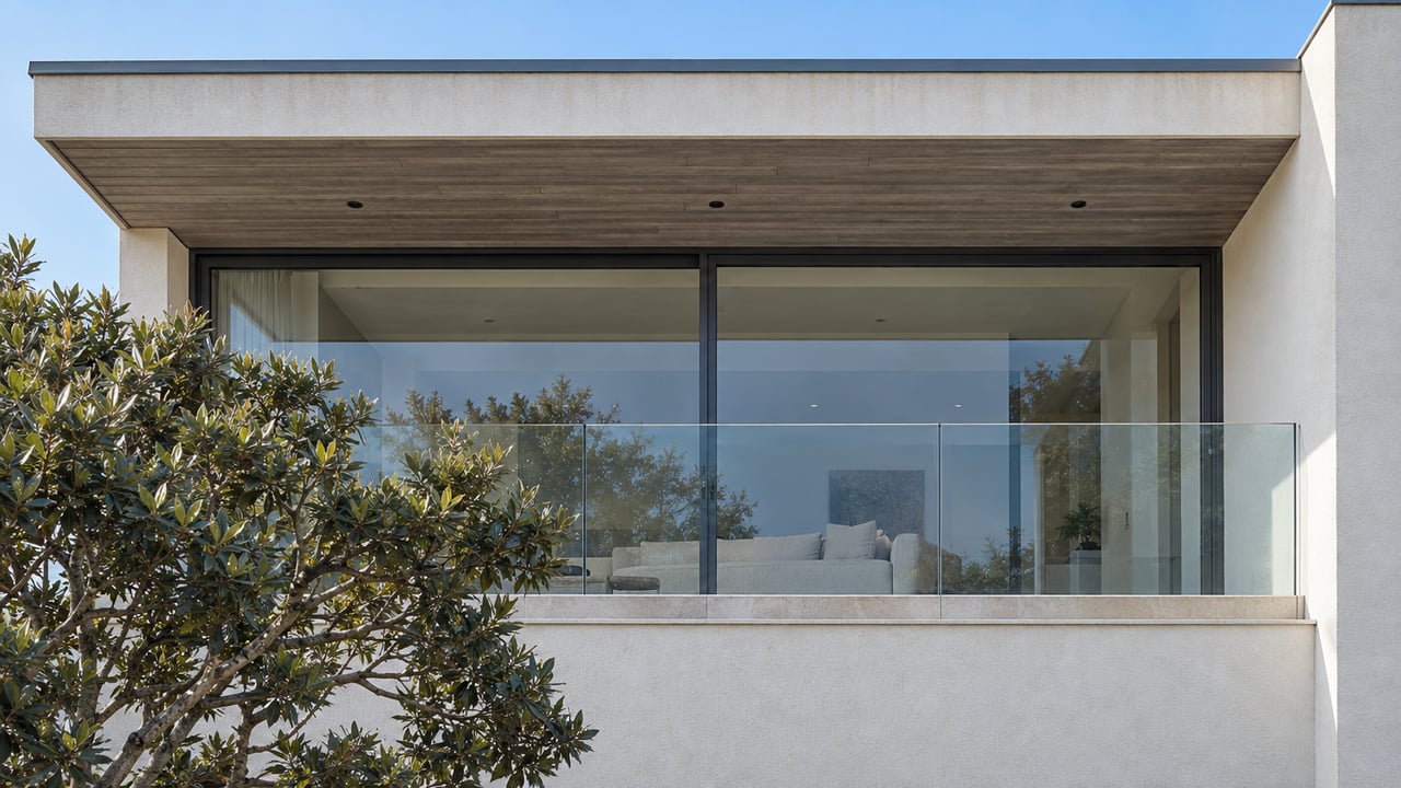White stucco home with a cedar terrace soffit, glass balustrade, and a silver-green tree beneath clear afternoon light.