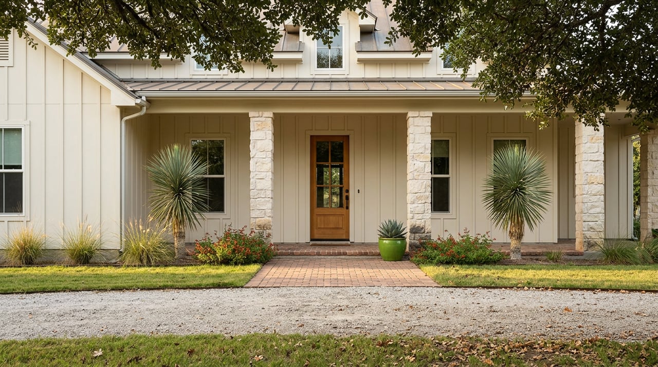 Rural home with a covered porch, limestone columns, cedar door, gravel drive, and oak canopy.