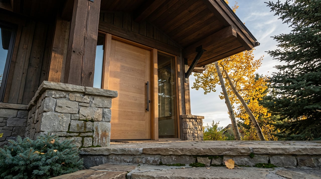 Mountain home entry with stone steps, a wide oak door, timber overhang, and golden aspen leaves.