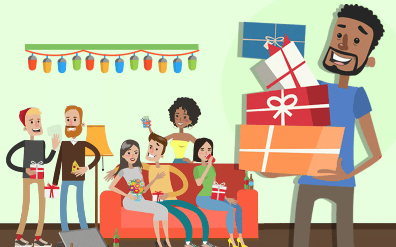 Friends and family exchange gifts in a living room as a man carries a stack of presents.