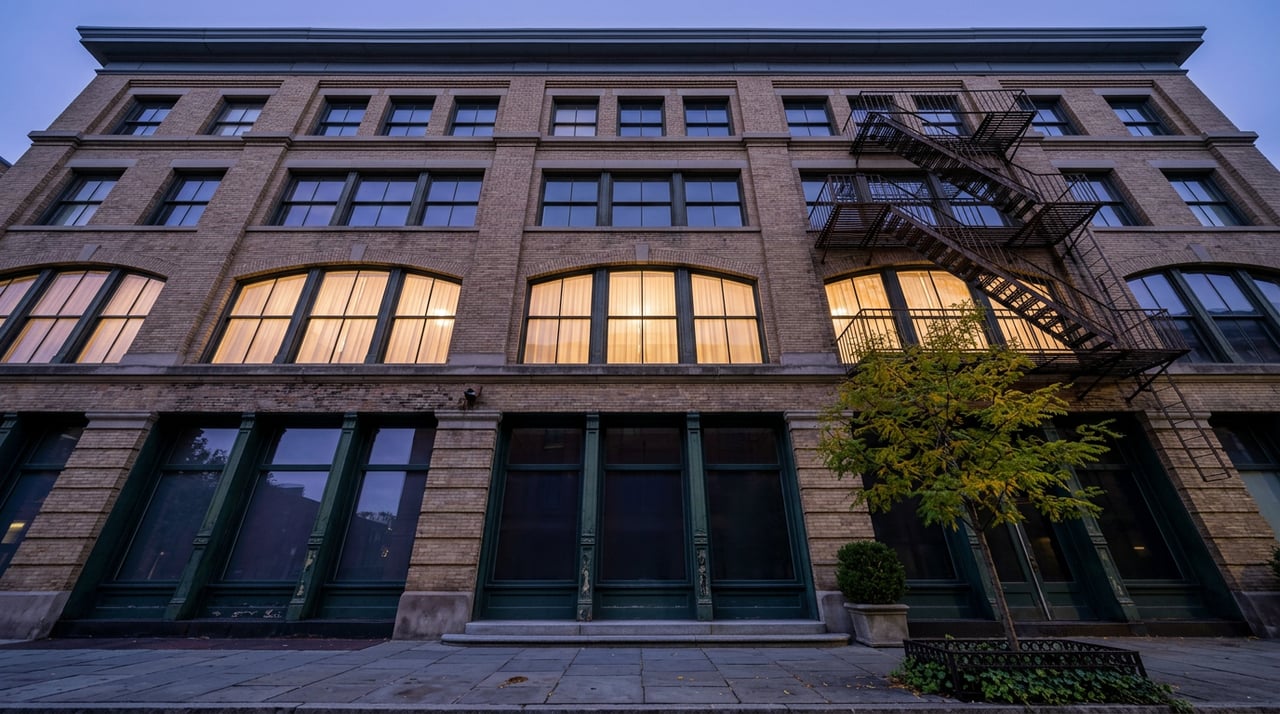 Prewar brick loft building at dusk, with warm-lit arched windows and a fire escape crossing the facade.