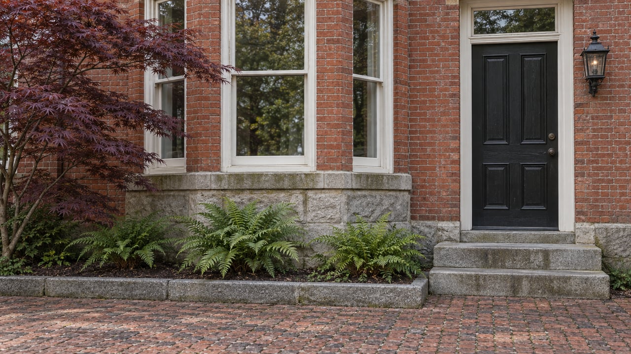 Red-brick home with a white-painted window bay, black entry door, granite steps and a small planted garden beside a worn brick approach.