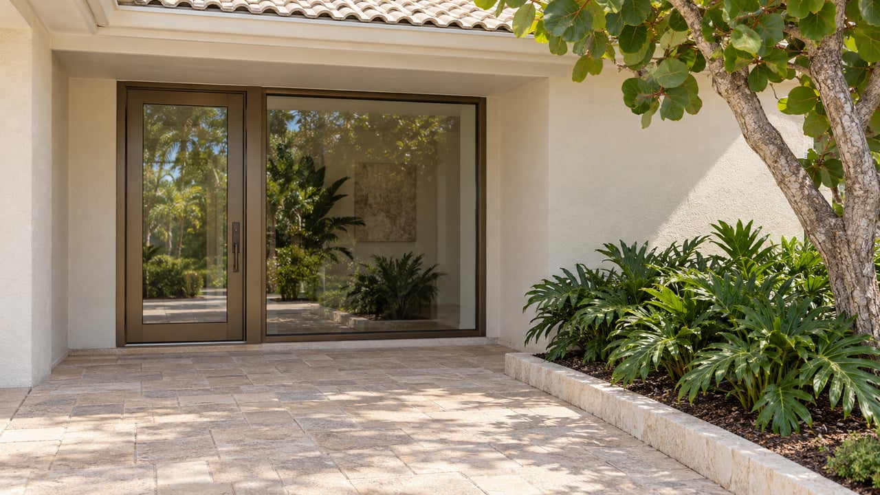A sunlit stucco home entry with bronze-framed glass, sand-colored pavers and a sea grape tree beside a limestone-edged planting bed.