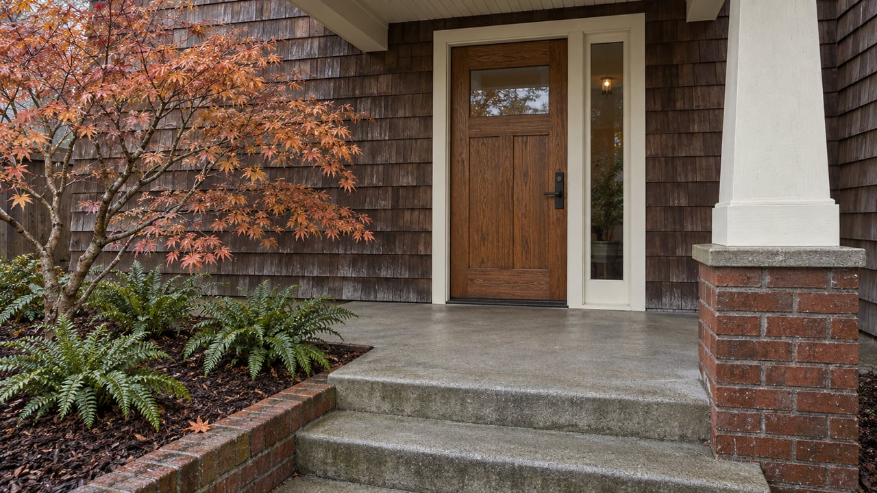 Covered entrance with a glazed oak door, weathered cedar shingles, brick column base and damp concrete steps beside a Japanese maple and sword ferns.