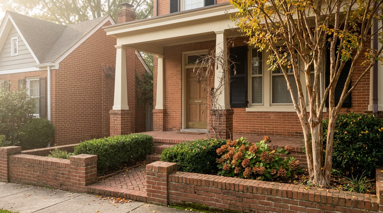 Brick townhome with an ivory-columned porch, boxwood-lined herringbone walk, and crape myrtle in autumn.