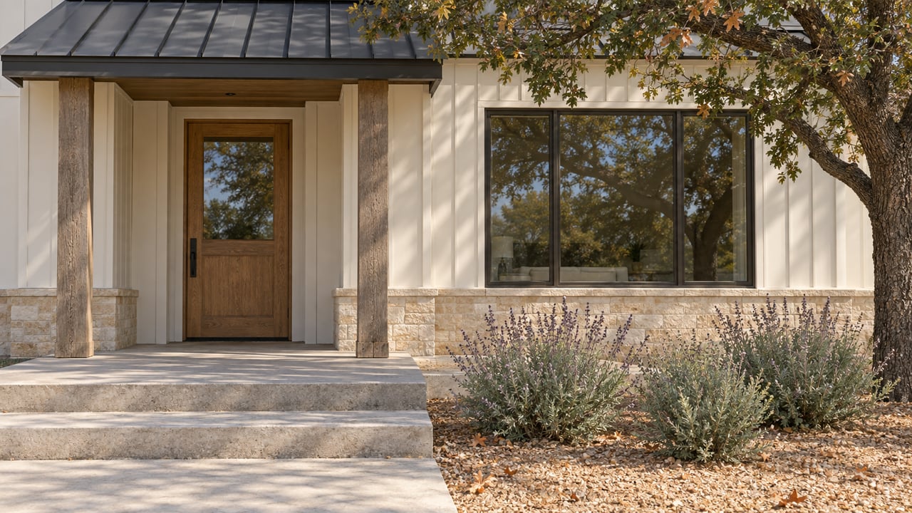 Ivory board-and-batten home entrance with weathered oak posts, limestone edging, and a mature valley oak in warm autumn light.
