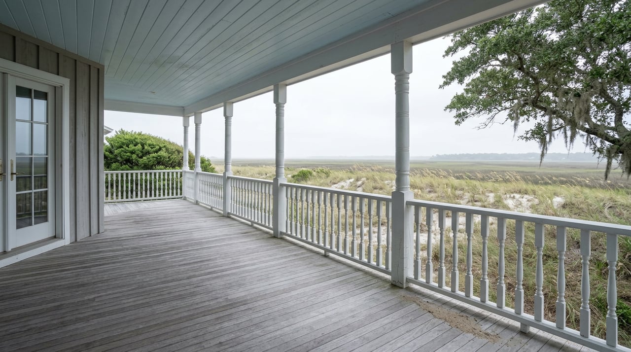 Weathered porch with white railing overlooking sea oats and marsh, framed by a live oak draped in Spanish moss.