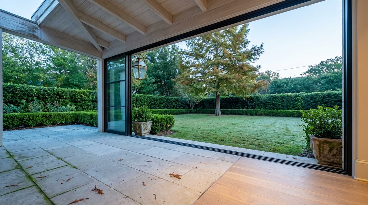 Open black steel-framed glass wall frames a limestone terrace, clipped hedge, and single feathery tree.