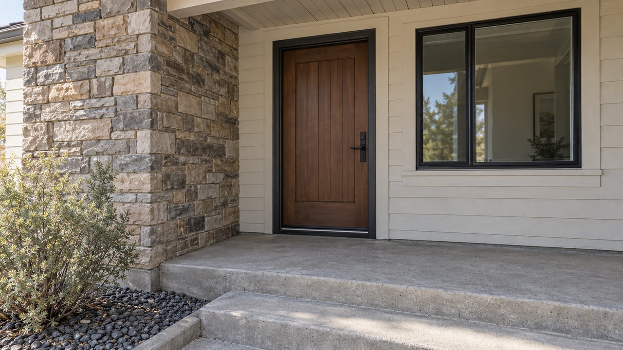 Covered home entry with a wood door, taupe stone pier, black-framed window and worn concrete steps beside a bitterbrush planting.