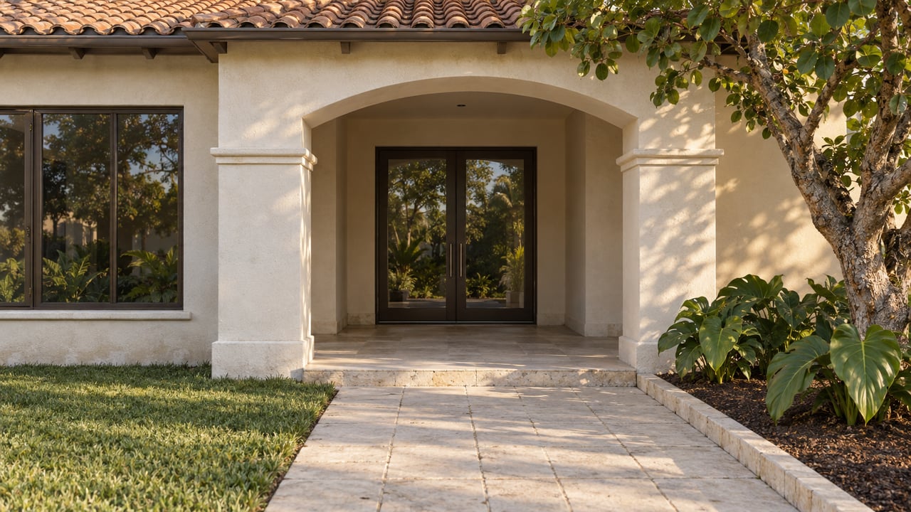 Stucco home entrance with an arched porch, terracotta tile roof, and stone walkway.