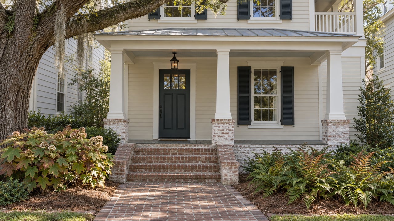 Ivory clapboard home with a raised brick entrance, shaded porch and carefully planted garden beneath a spreading oak limb.