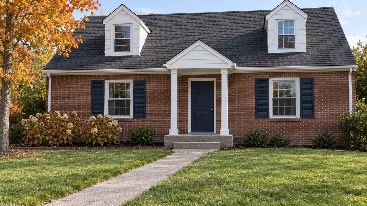 Brick cape-style home with paired dormers, a navy front door, a deep lawn, and autumn planting beside a concrete walk.