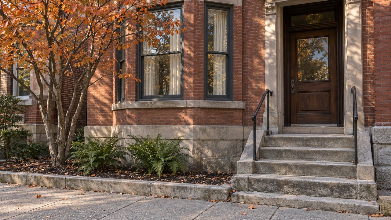 Autumn light on a red-brick home with limestone steps, dark bay windows and an orange-leaved serviceberry in a compact garden.