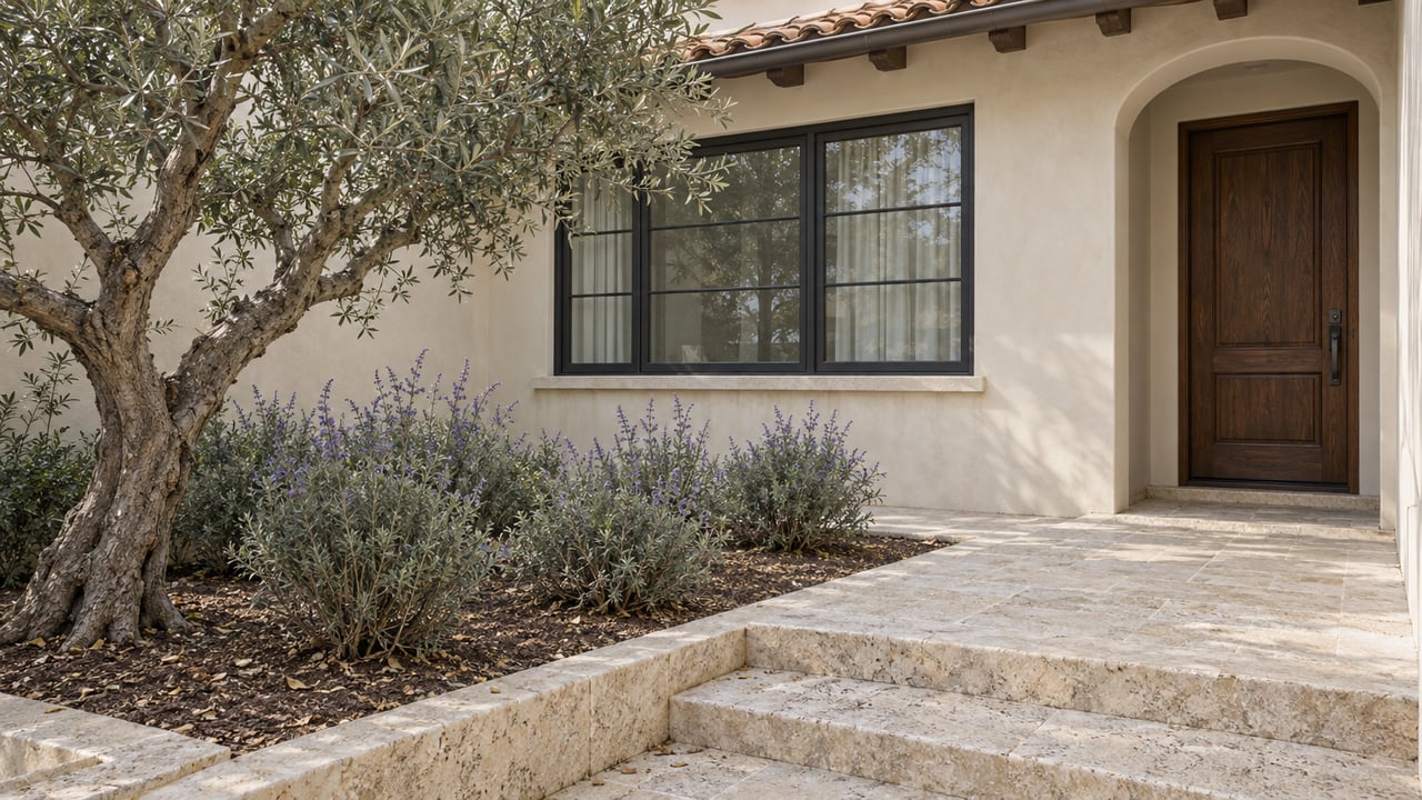 Cream stucco home with a dark oak entry door, charcoal-framed window, limestone steps and an olive tree in a stone-edged garden.