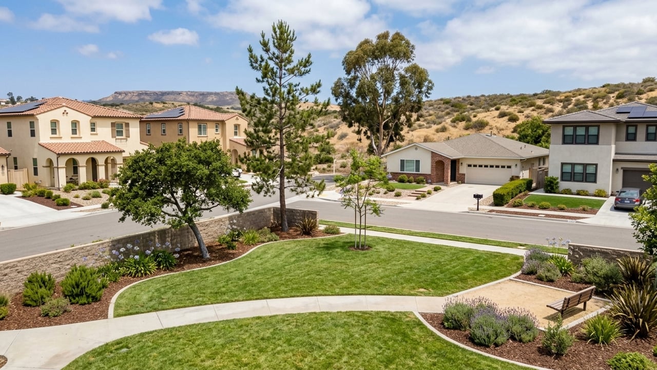 Suburban street with varied homes, a landscaped park, and dry hills beyond.