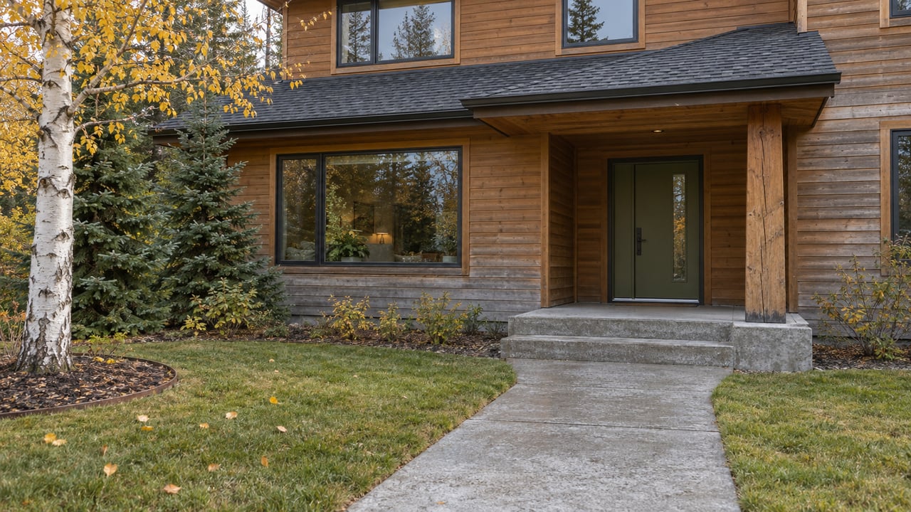 A cedar-sided home with a covered green front door, concrete approach and golden birch foliage in cool autumn light.